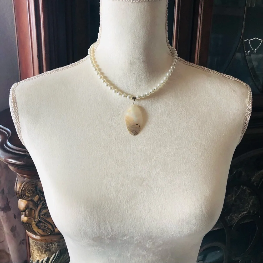 Handcrafted repurpose genuine elegant shell pendant Czech glass Pearl necklace